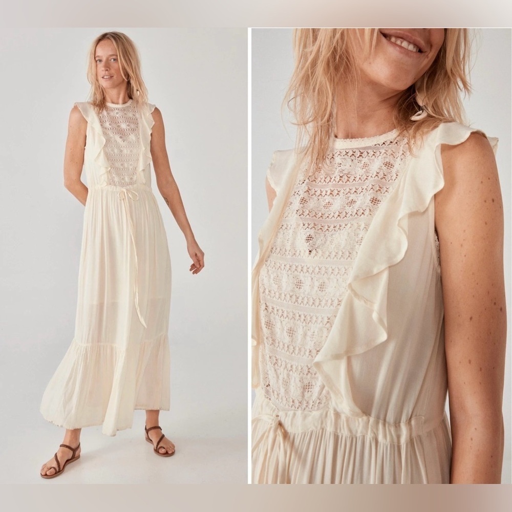 New! Maison Hotel Victorine Lace and Ruffle Cream Maxi Dress 🤍 Small